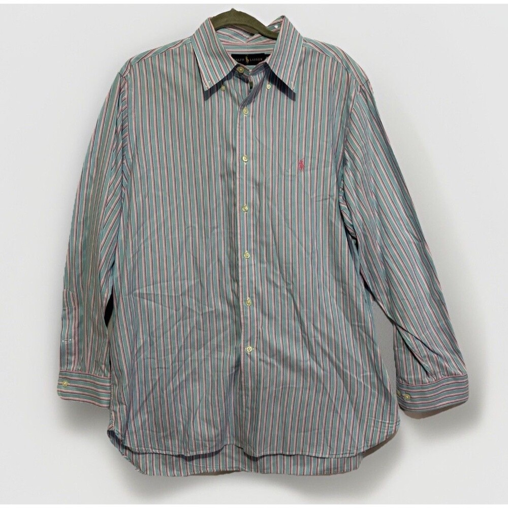 Men's Ralph Lauren Blue Pink Vertical Stripe Button Down Shirt Size L 16.5 32/33